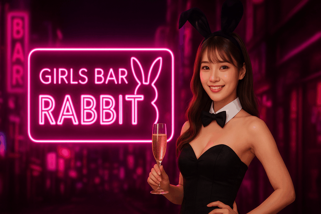 那覇松山のガールズバーBUNNY BAR RABBITのトップページ用アイキャッチ。ネオン街の背景にバニーガールが立つイメージ。