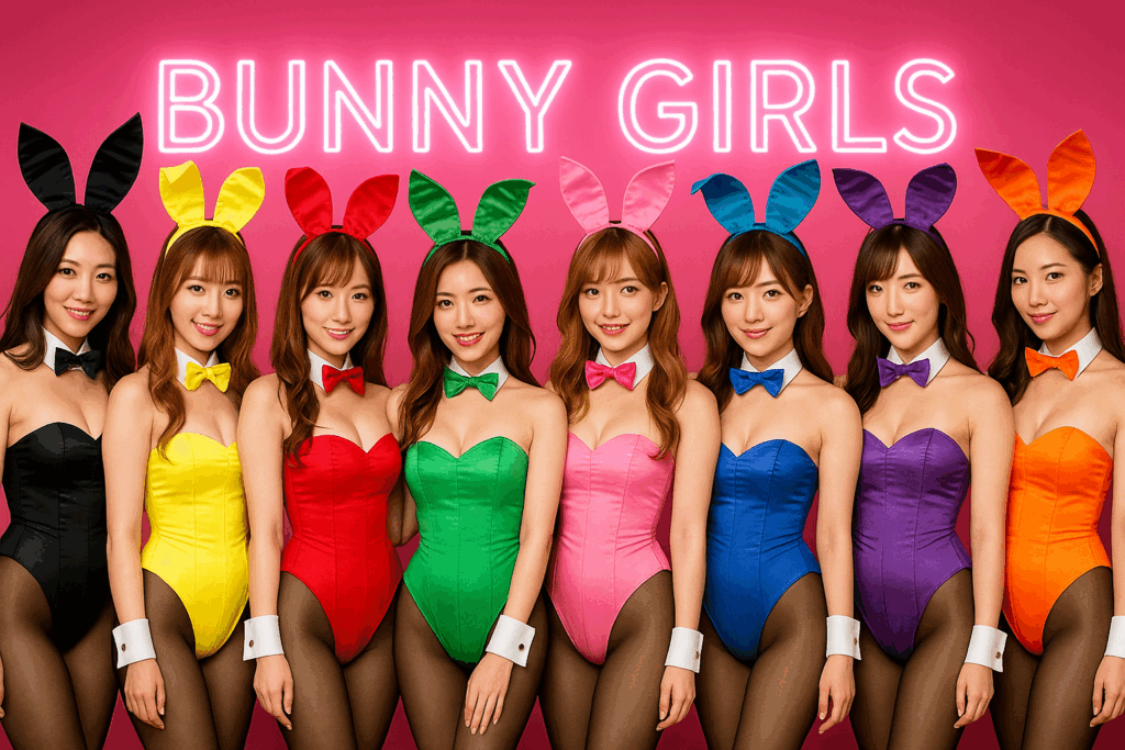 那覇松山のガールズバーBUNNY BAR RABBITのキャスト一覧。カラフルなバニー衣装の女性スタッフが並ぶイメージ写真。