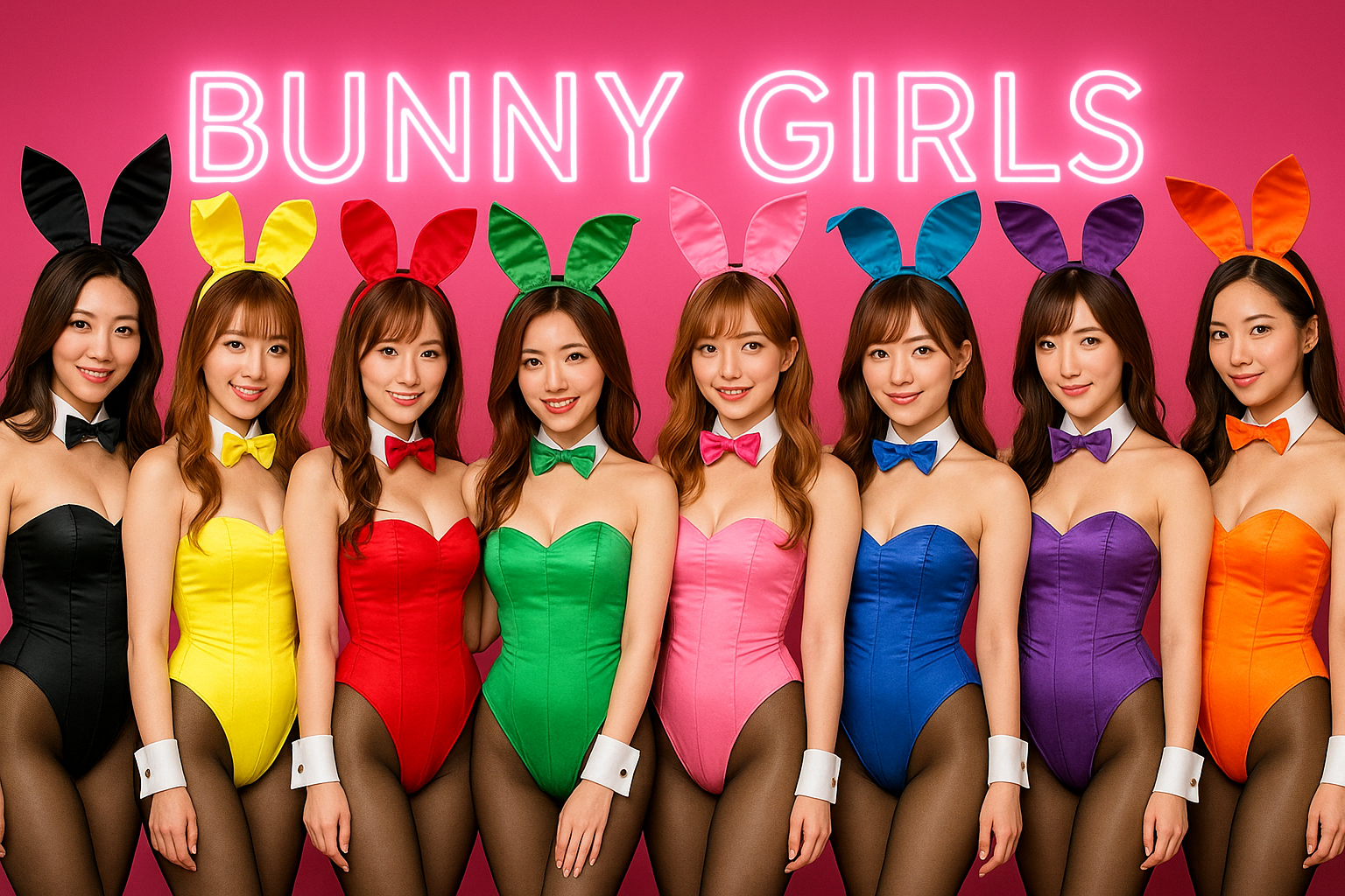那覇松山のガールズバーBUNNY BAR RABBITのキャスト一覧。カラフルなバニー衣装の女性スタッフが並ぶイメージ写真。
