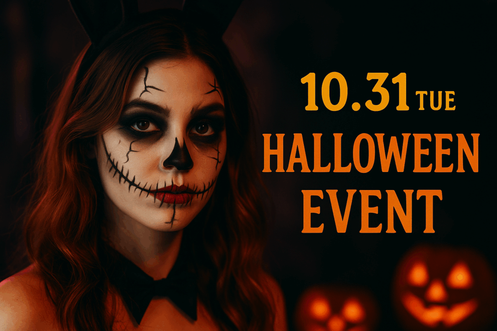 那覇松山のガールズバーBUNNY BAR RABBITのハロウィンイベント告知バナー。バニー衣装の女の子がハロウィンメイクをしてネオン風の背景に立つデザイン。