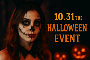 那覇松山のガールズバーBUNNY BAR RABBITのハロウィンイベント告知バナー。バニー衣装の女の子がハロウィンメイクをしてネオン風の背景に立つデザイン。